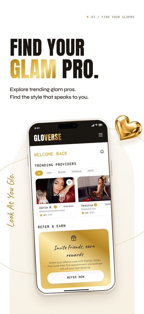 GloVerse Find Your Glam Pro screen showing trending providers
