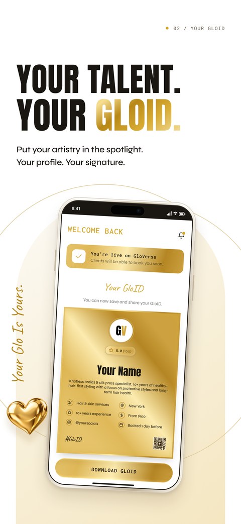 GloVerse app screen: Your Talent. Your GloID. A shareable professional profile card