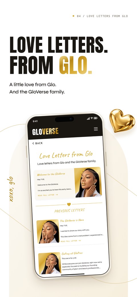 GloVerse app screen: Love Letters from Glo, weekly messages from Glo and the GloVerse family