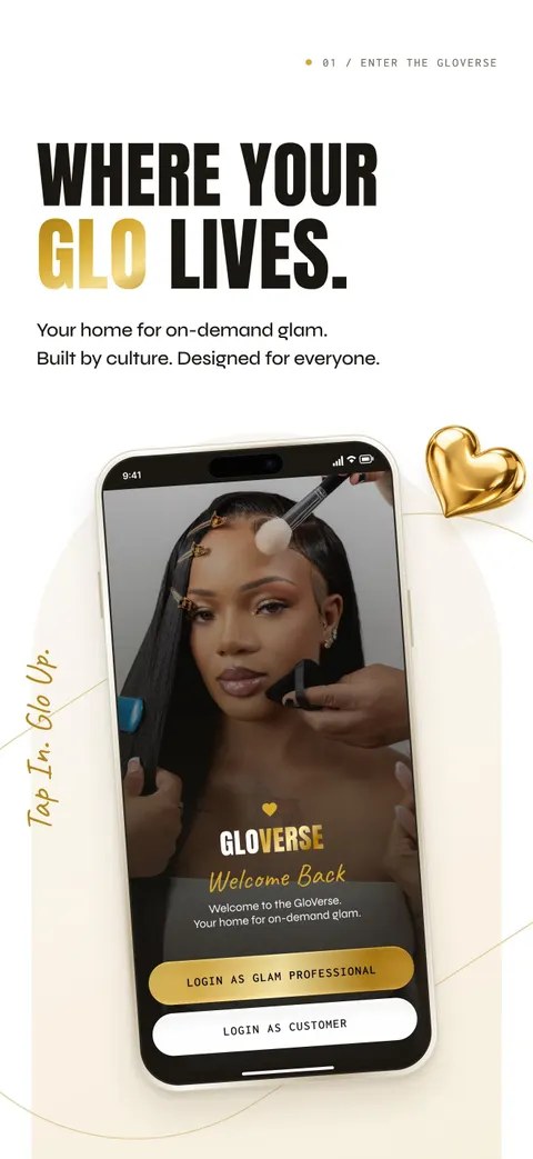 GloVerse welcome screen with Login as Glam Professional and Login as Customer buttons