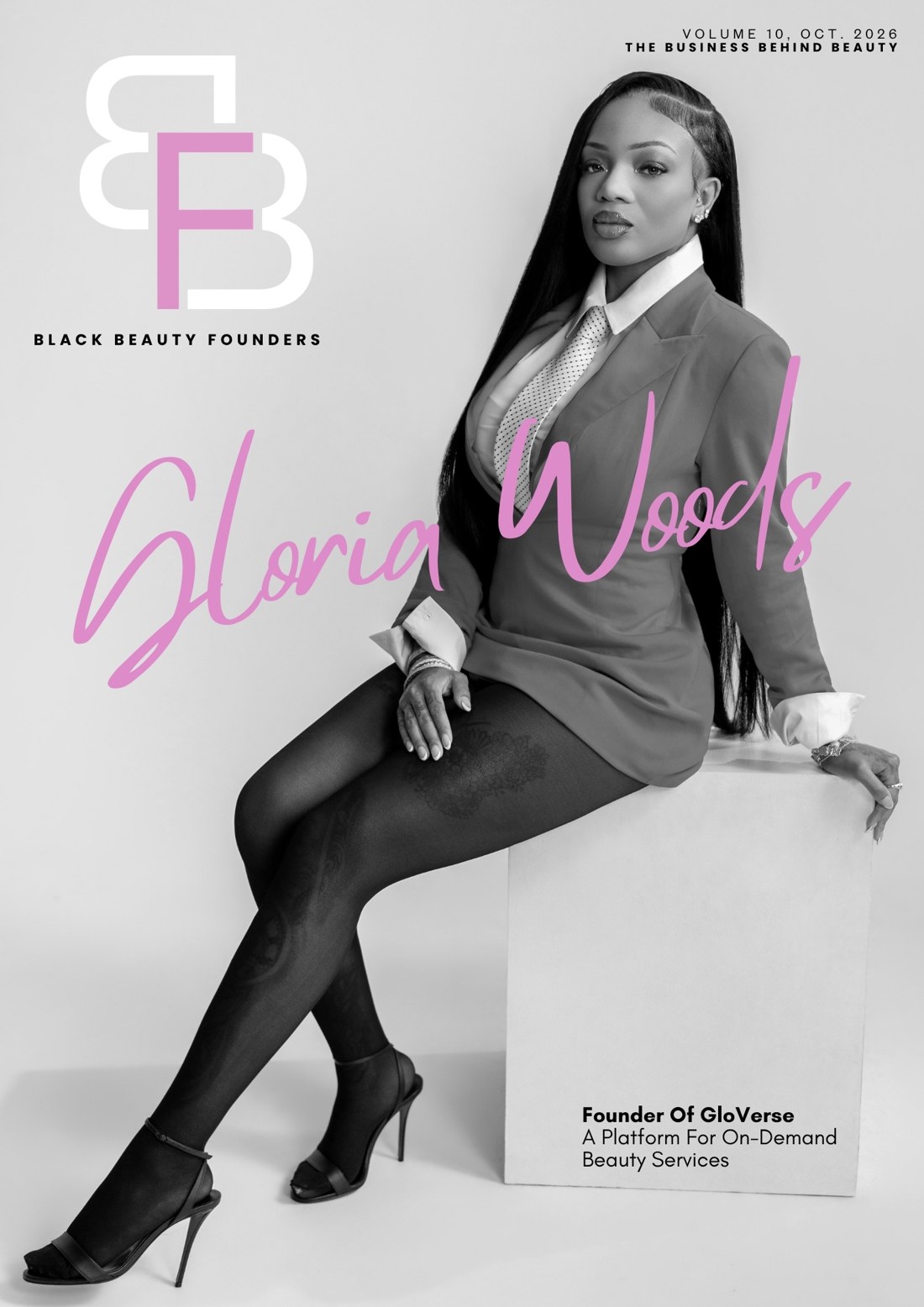 Black Beauty Founders Volume 10 cover: Gloria Woods, Founder of GloVerse, seated in a suit and tie