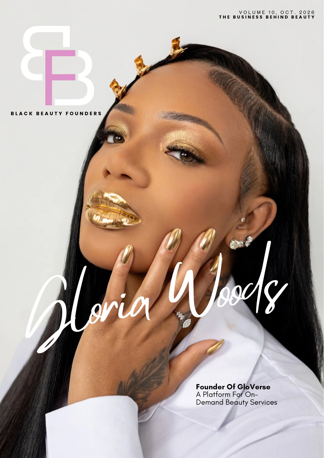 Black Beauty Founders Volume 10 cover: Gloria Woods, Founder, GloVerse, in gold lips and gold nails